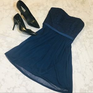 DAVID’S BRIDAL Navy Marine Strapless Lace Dress
